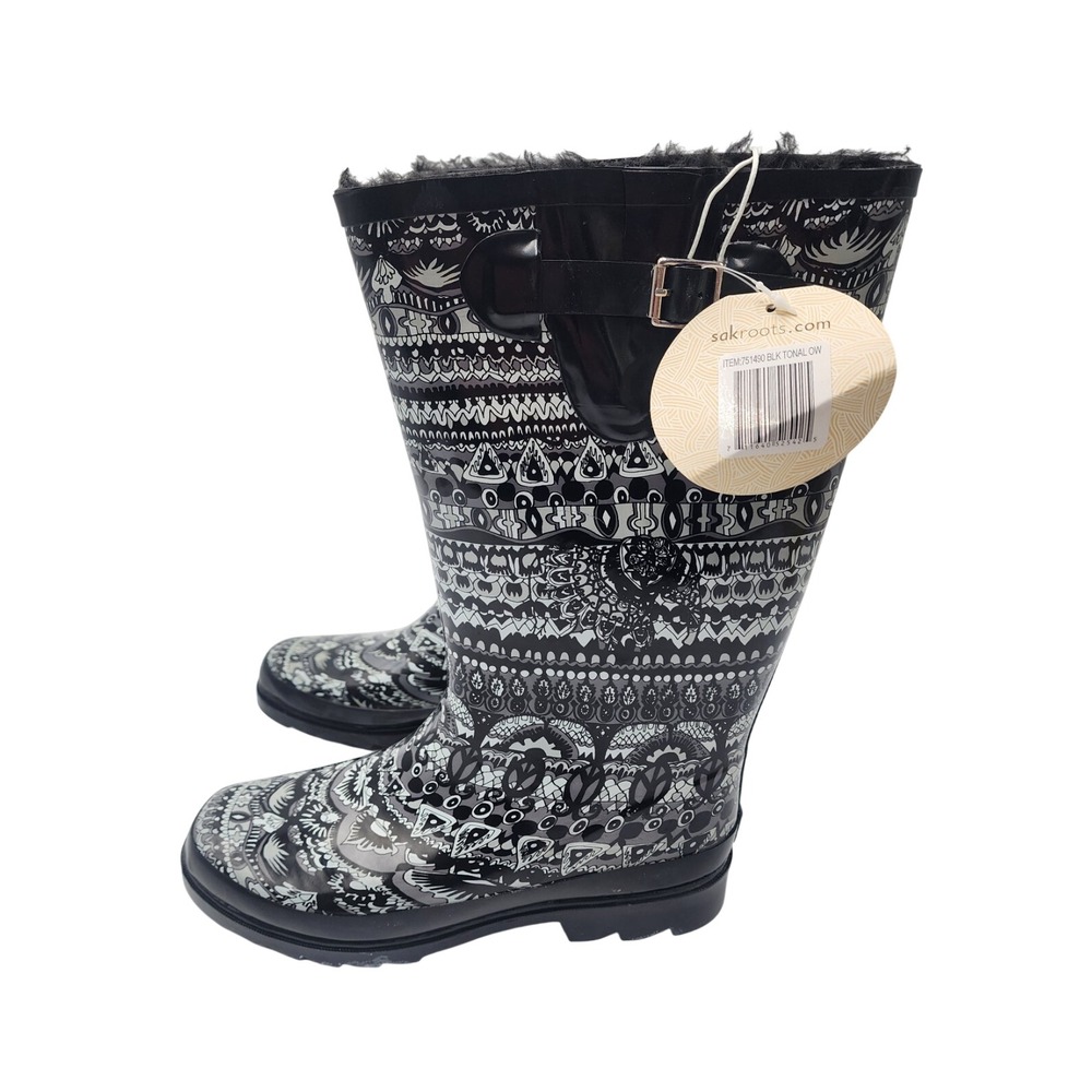 Sakroots Artist Circle Rain Boots Black Tonal One World Faux Fur Lined 751490